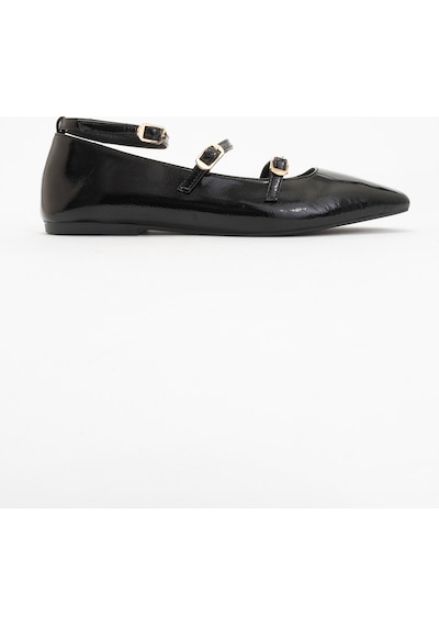 Luvishoes Luvi Shoes Glımmer Siyah Rugan Hakiki Deri Bilekten Bağlamalı Küt Burun Kadın Babet Ayakkabı Siyah Rugan