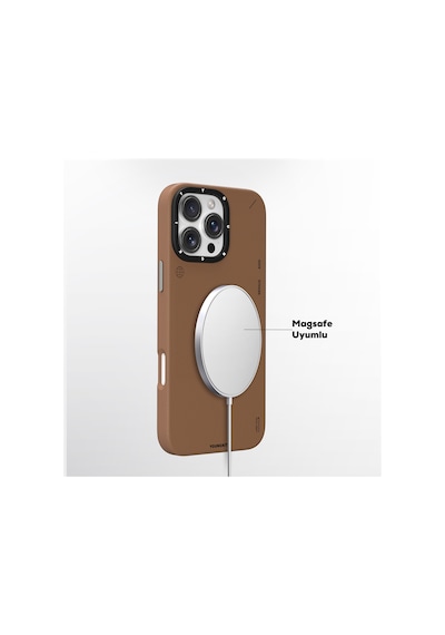 Apple Uyumlu iPhone 15 Pro Kılıf Magsafe Özellikli Basit Mat Deri Desenli Youngkit Tech Fashion Serisi Kahverengi Kahverengi