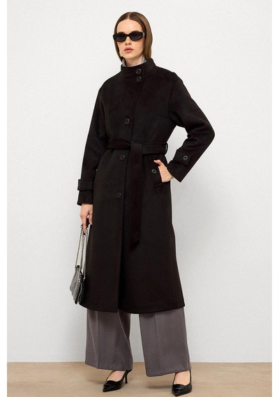 Olcay Dik Yaka Oversize Uzun Kaban Siyah 3124
