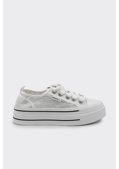 Derinet Bağcıklı Taş Aksesuarlı Kadın Sneaker Beyaz Beyaz