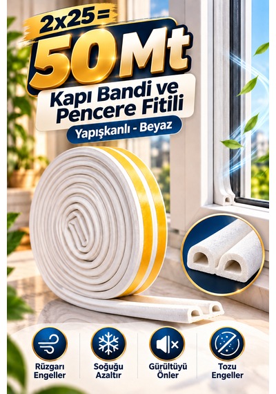 Kapı Bantı Ve Pencere Fitili Bandı Yapışkanlı Beyaz 2 x 25 M