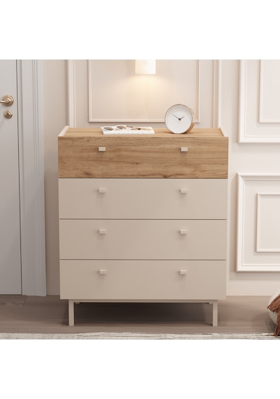 Robinhome Rhode Geniş Şifonyer 4 Çekmeceli Ahşap Ayaklı Kumsal-sepet Bej
