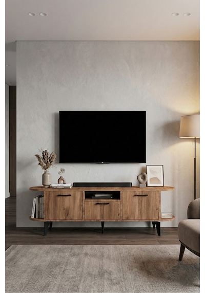 Tv Sehpası 160 Cm Modern 3 Kapaklı Tv Sehpa Çok Amaçlı Konsol Ünitesi Mira Siyah