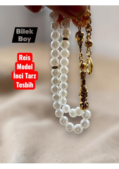 İnci Tarz Tesbih Bilek Boy Reis Model Tesbih Beyaz - Sarı
