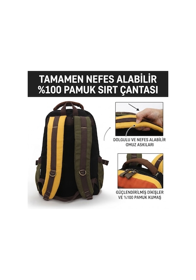 4022 Haki Krem Sarı Vintage Sırt Çantası, 15.6 Inç Bilgisayar Bölmeli, Geniş Hacimli Hakiki Deri Detaylı Pamuklu Okul Ve