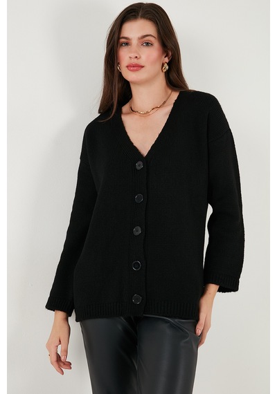 Lela Regular Fit V Yaka Düğmeli Triko Bayan Hırka 4616229 Siyah