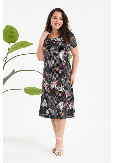 Madwilo Kadın Siyah Beyaz Floral Petek Desen Büyük Beden Esnek Midi Elbise