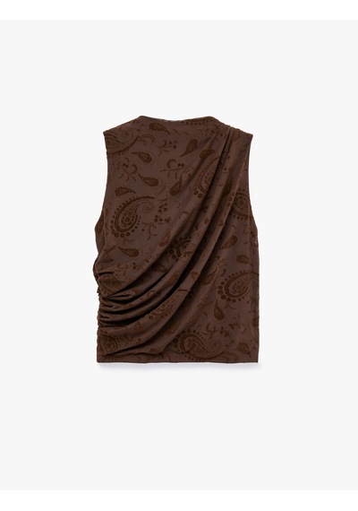 Koton Drape Detaylı Dik Yaka Çiçekli Kolsuz Bluz Kahverengi Desenli 7wal30025ık