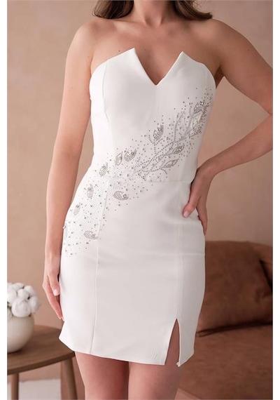Dip Moda Dipmoda Kadın Taş Detaylı Straplez Mini Abiye Elbise Dpnbs9369 Beyaz