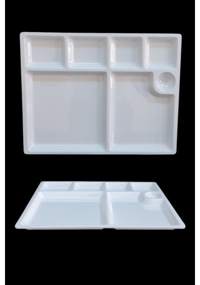 %100 Kırılmaz 12 Li Melamin 7 Bölmeli Tabldot Kahvaltı Tabağı - 33x26 Cm Beyaz Beyaz