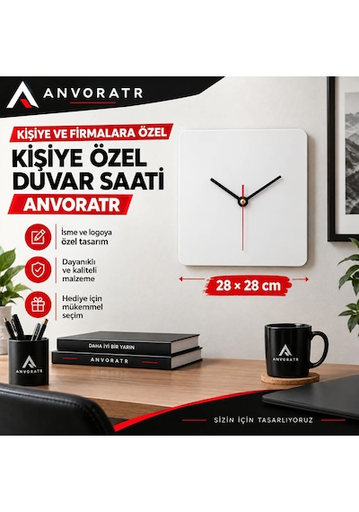 Kişiye Özel - Kare Saat 28x28 Cm Ahşap - Renkli