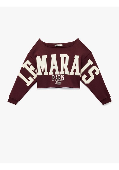 Koton Şardonlu Uzun Kollu Baskılı Kayık Yaka Oversize Crop Sweatshirt Bordo 6wal10574ık Bordo
