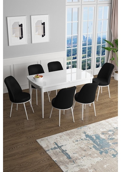 Canisa Concept Han Serisi 70x114 Açılabilir Mdf Mutfak Masası Takımı Beyaz Masa 6 Siyah Sandalye Masa Beyaz Sandalyeler Siyah