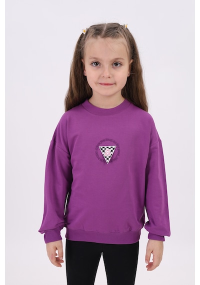 Toontoy Kız Çocuk Relax Fit Bisiklet Yaka Düşük Omuz Nakış Baskılı Sweatshirt - 2 İplik Mor