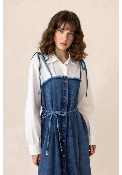 Olcay Gömlek Espirili Eteği Volanlı Denim Elbise Mavi 9305-e