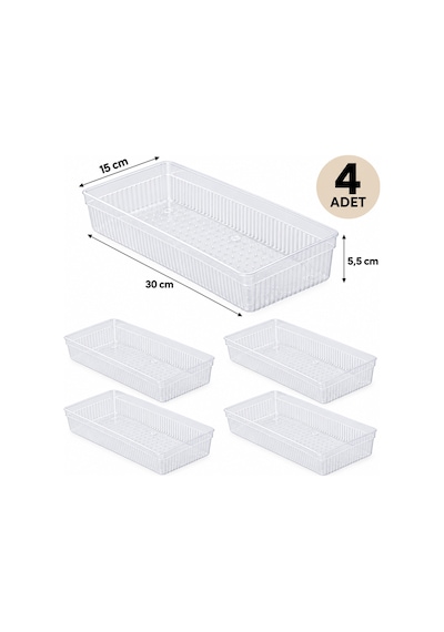 Porsima 0383 4'lü Modüler Çekmece İçi Organizer Seti 30x15 Cm Şeffaf Mutfak, Kaşıklık, Kozmetik Ve Ofis Düzenleyici