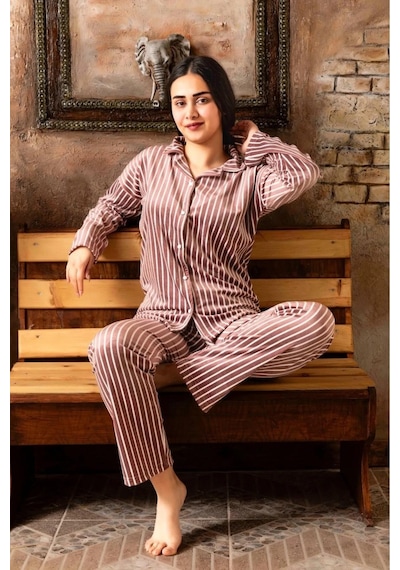 Sude Kadın Kışlık Gömlek Yaka Kadife Çizgili Pijama Takımı P200/840 - 1 Adet 001