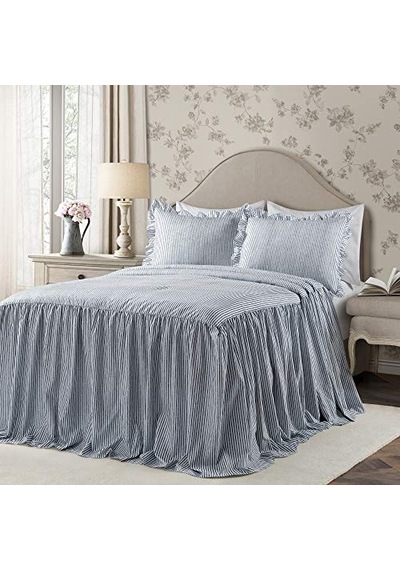 Ticking Çizgili Yatak Örtüsü Lacivert Vintage Şık Çiftlik Evi Tarzı Hafif 3 Parça Set King, Polyester Çok Renkli