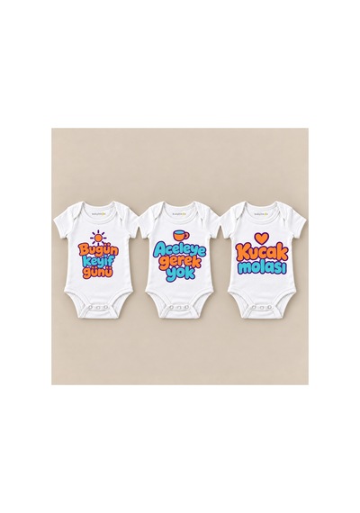 Babylimon Hafta Sonu Üçlü Beyaz Kısa Kollu Bebek Zıbın Seti Beyaz - 930083907 Beyaz