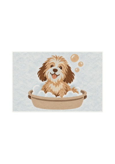 Kartela Halı Köpek Desenli Banyo Paspası Mavi Kaymaz Taban Makinede Yıkanabilir 50x75 Cm
