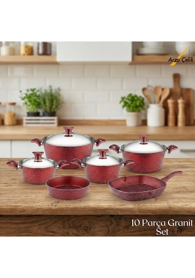 10 Parça Granit Set Çelik Kapak - Kırmızı Kırmızı
