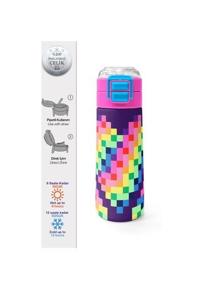 Coral High Kids Çok Renkli Piksel Kalp Desenli Pipetli Ve Direkt İçim Çelik Termos 500 Ml 38108 Çok Renkli