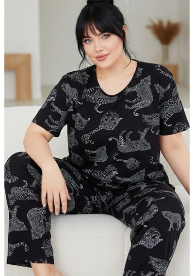 Siyah İnci Beden Battal Boy Bisiklet Yaka Örme Pijama Takım Siyah Kaplan Siyah İnci Beden Battal Boy Bisiklet Yaka Örme Pijama Takım Siyah Kaplan