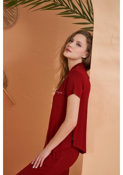 Pjs 27069 Dreaming Kadın Gold Detaylı Boydan Düğmeli Kısa Kollu Pijama Takım bordo
