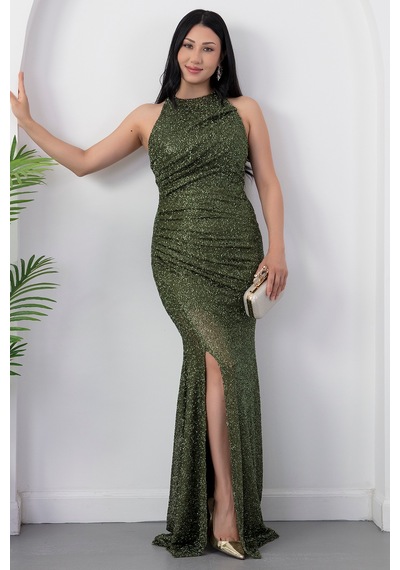 Kalopya Halter Yaka Yırtmaçlı Boncuklu Elbise 41099 Haki