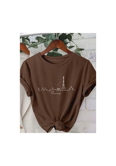 Medinenur Rome Desen Baskılı Basic T-shirt Kahverengi