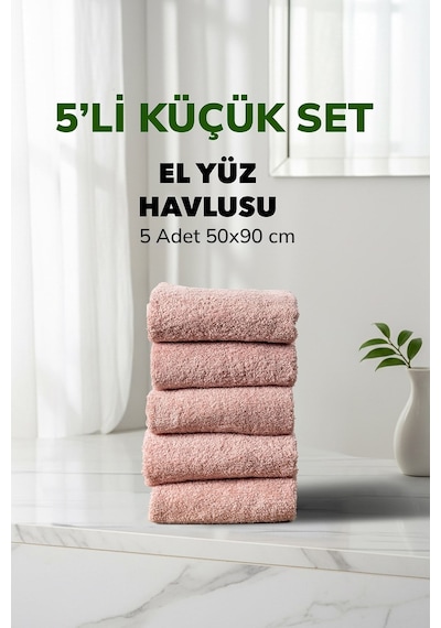 5 Li Çizgili Pudra Renk Yumuşak Pamuk El Yüz Havlusu Seti 50x90 Cm