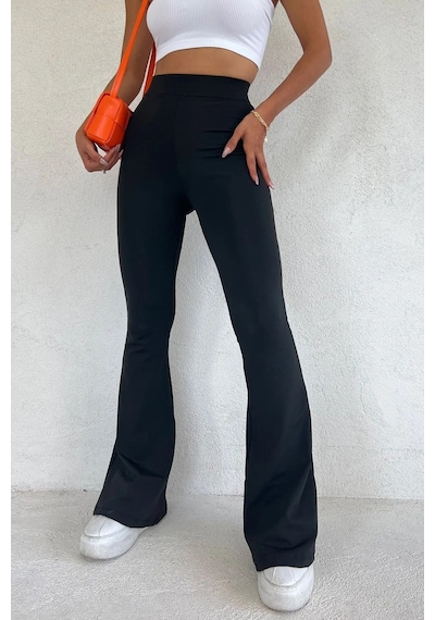 Unika Boutique Kadın Siyah Ispanyol Paça Dalgıç Kumaş Yüksek Bel Toparlayıcı Tayt Pantolon Siyah-vv2257