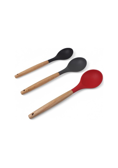 Bambu Saplı Silikon Servis Kaşığı, Bambu Uzun Silikon Servi Kaşığı 28cm 3 Renk Seçenekli, Yemek