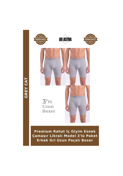 Grey Cat Premium Rahat İç Giyim Esnek Çamaşır Likralı Model 3'lü Paket Erkek Gri Uzun Paçalı Boxer