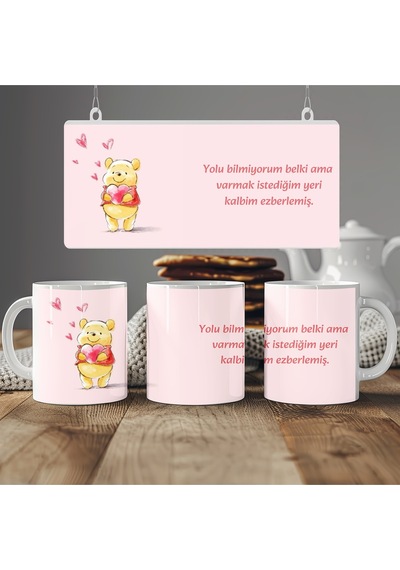Winnie The Pooh Tasarım Kalp Desenli Romantik Kupa Bardak Sevgiliye Aşk Dolu Hediyelik Bardak Beyaz