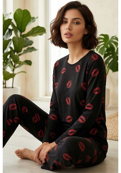 Siyah İnci Pamuklu Pijama Takımı 7681 Siyah Kırmızı Dudak