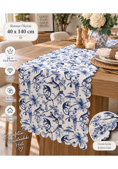 Pamuklu Dijital Baskı Runner Mutfak Salon Mavi Desenli 40x140