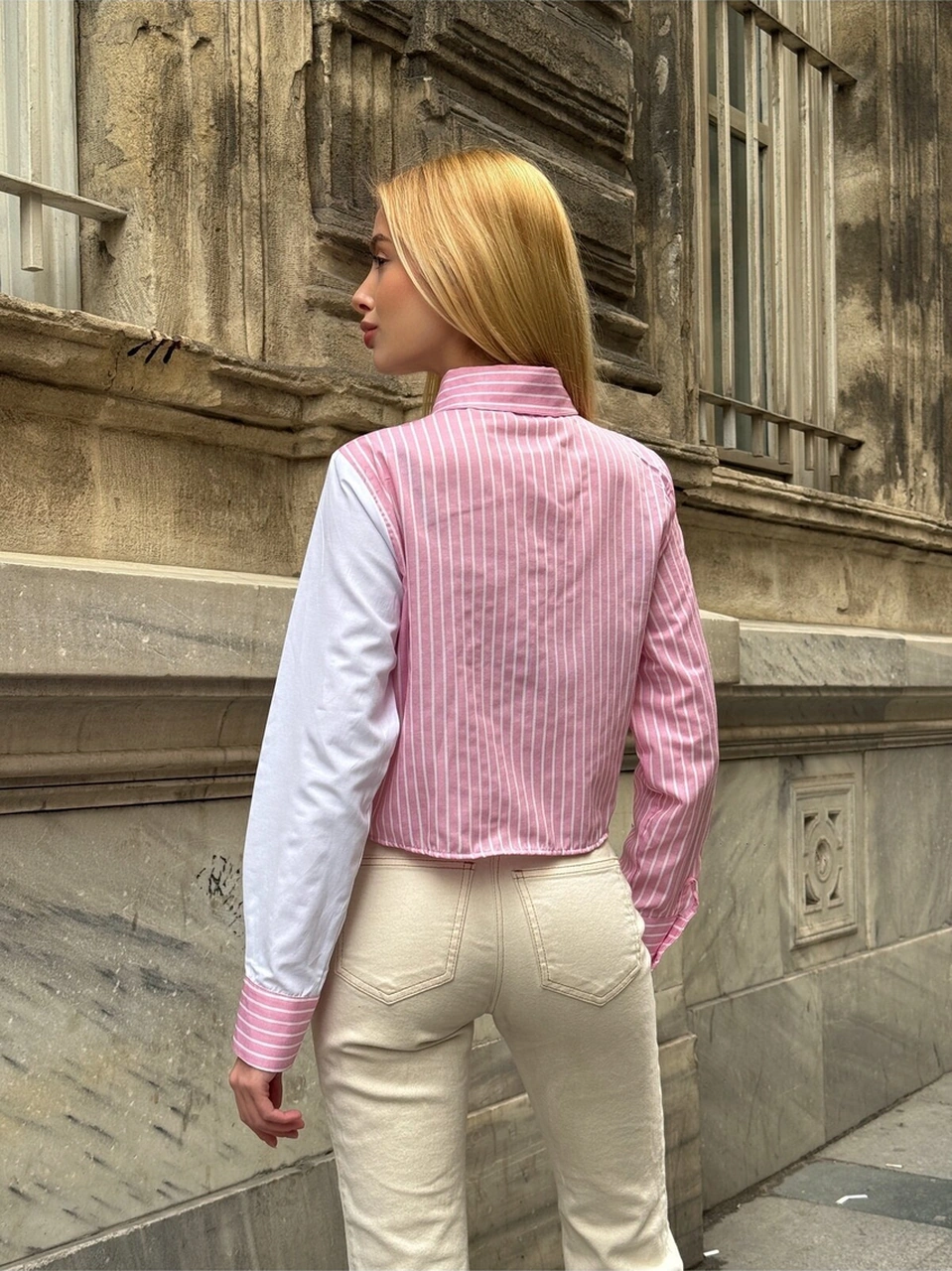 Mamayaga Kadın Özel Tasarım Yaka Kol Düğmeli Çizgi Garnili Crop Boy Tesettüre Uygun Bluz Gömlek Pembe