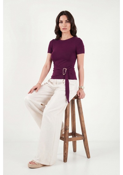 Lela Toka Detaylı Fitted Fit Kayık Yaka Bluz Bayan Bluz 5862707 Mürdüm