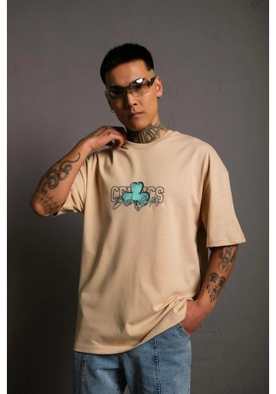 Erkek Sırt Baskılı T-shirt - Bej Bej