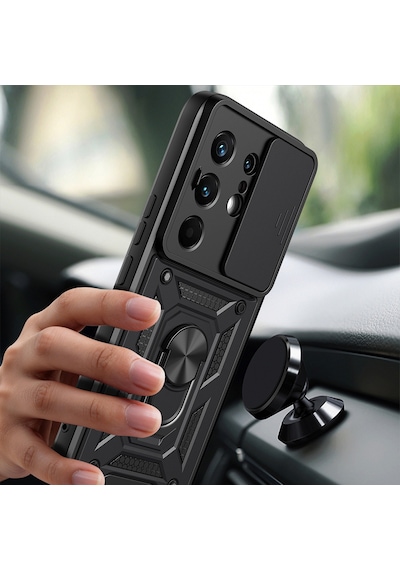 Maks Technology Tecno Camon 50 Pro Kılıf Magnetik Standlı Kamera Korumalı Mkst Sürgülü Vega Kapak - Siyah