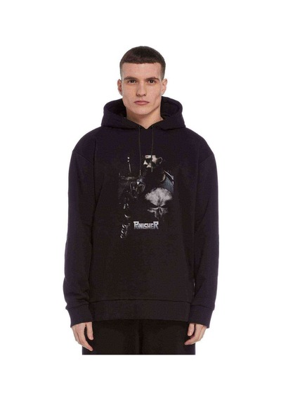 The Punisher Baskılı Siyah Erkek Örme Kapşonlu Sweatshirt (531015280)