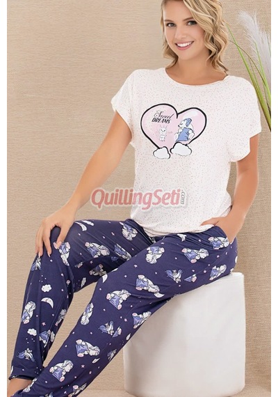 Lacivert Renk Ve Desenli Lady 12584 Pamuk Viskon Kadın Kısa Kol Pijama Takımı Lacivert - Beyaz