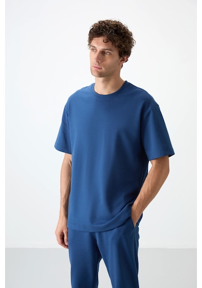 Tommy Life Parlament Pamuklu Kalın Yumuşak Dokulu Oversize Fit Basic Erkek Eşofman Takım - 85251 Mavi