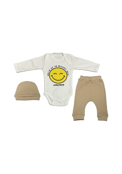 Babysena Happy Baskılı Unisex Bebek Bodyli 3 Lü Takım Bej