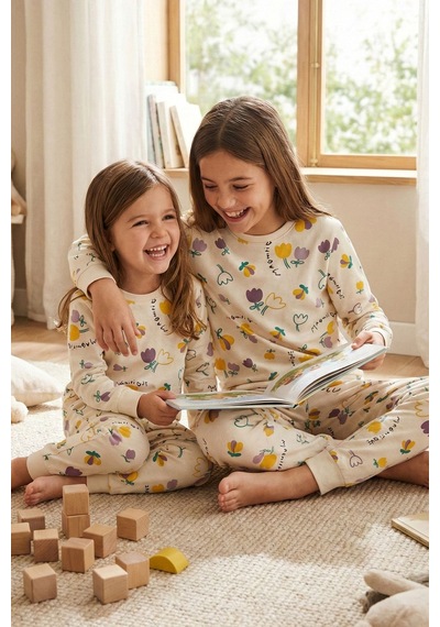 Magnifi Ove Yazılı Lale Baskılı Kız Çocuk Pijama Takımı Ekru