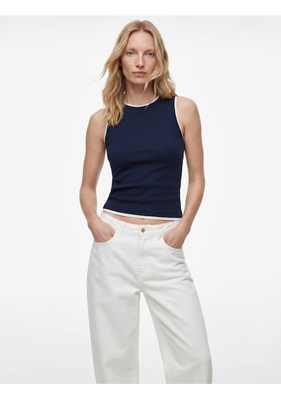 Koton Renk Kontrastlı Katmanlı Slim Fit Bisiklet Yaka Kolsuz Fitilli Bluz Lacivert 6sak10069ek