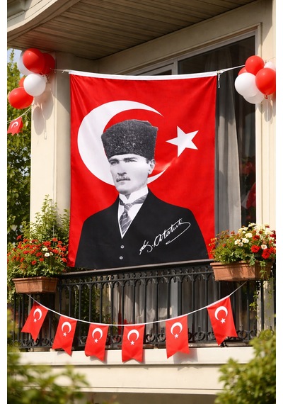 Atatürk Resimli Kalpaklı Türk Bayrağı 100x150 Cm Büyük Boy Balkon, Tören Ve Özel Gün Bayrağı Tek Ebat