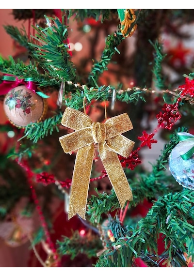 Premium Kadife El Emeği-5li Yılbaşı Ağaç Süsü Fiyonk Seti -kurdele Fiyonk Noel Ağacı Süsleme Altın
