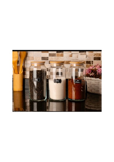 3 Lü 1300cc Bambu Kapaklı Cam Çay Şeker Türk Kahve Kavanoz Seti Takımı Şeffaf Şeffaf